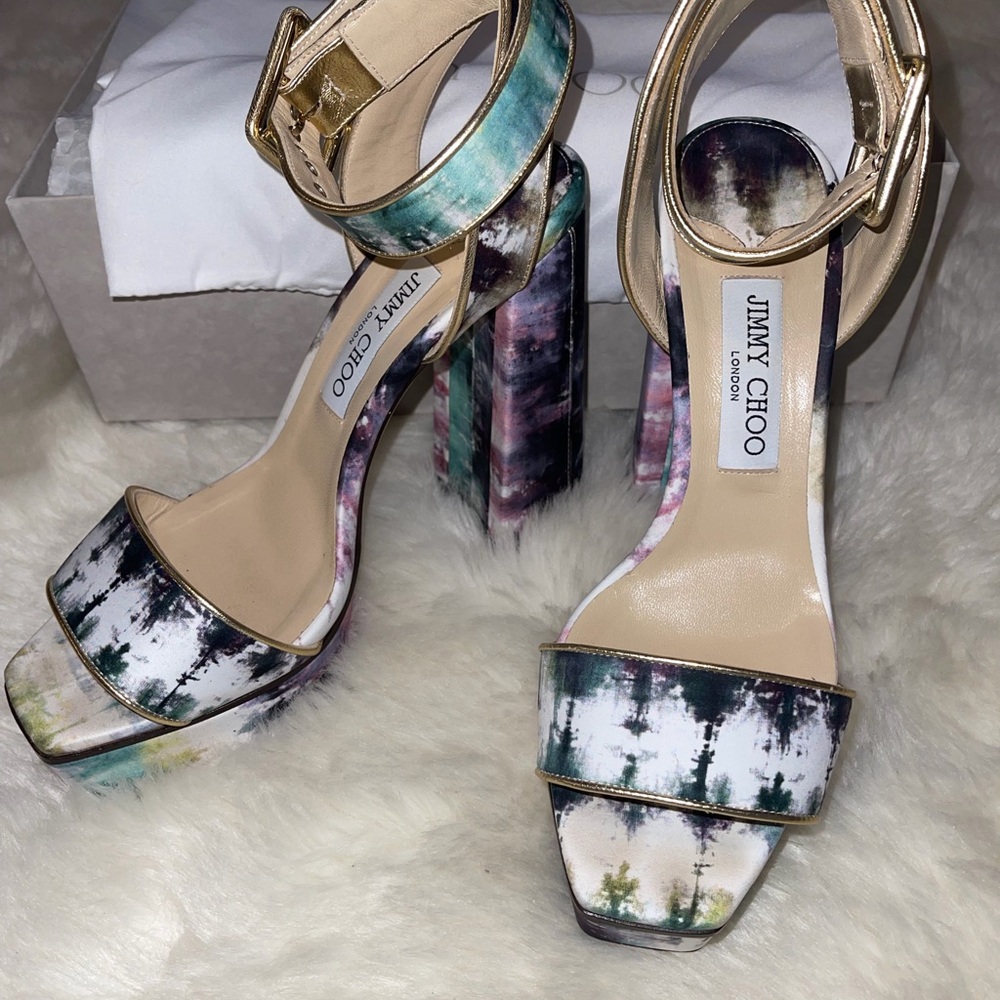 Jimmy Choo Multi-Color Tie-Dye Ankle Strap Block Heel Sandals - Picture 3 of 6